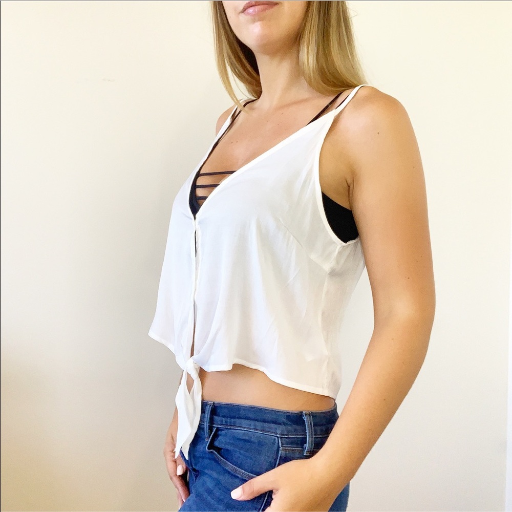 'Tease' Tie Front Cami Crop Top V Neck Blouse - Picture 3 of 6